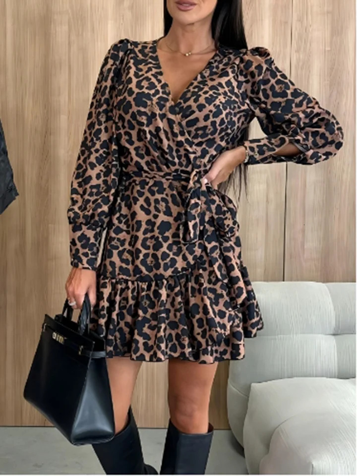 Womens Leopard Printed Dresses V-Neck Lace Up Bubble Long Sleeved Sexy Dress Elegant Dating Autumn Mini Dress 250806
