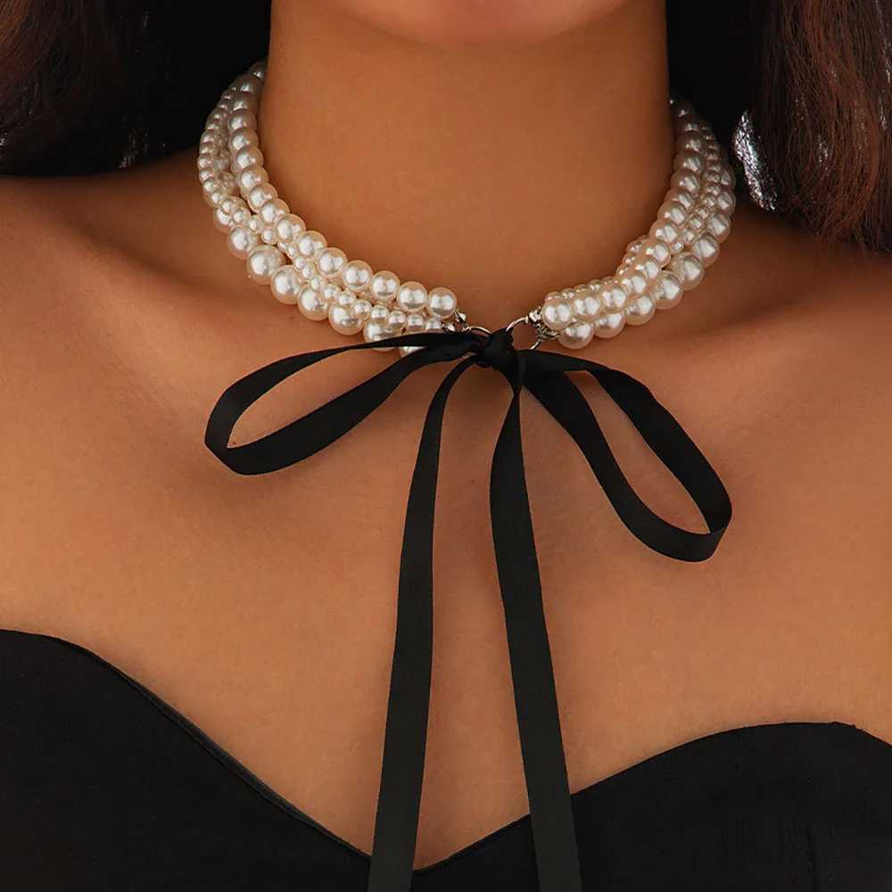 Elegant Imitation White Pearl Multi-layer Long Black Ribbon Choker Necklace For Girls Jewelry Trend Vacation Wedding Gifts X0288 Y250805