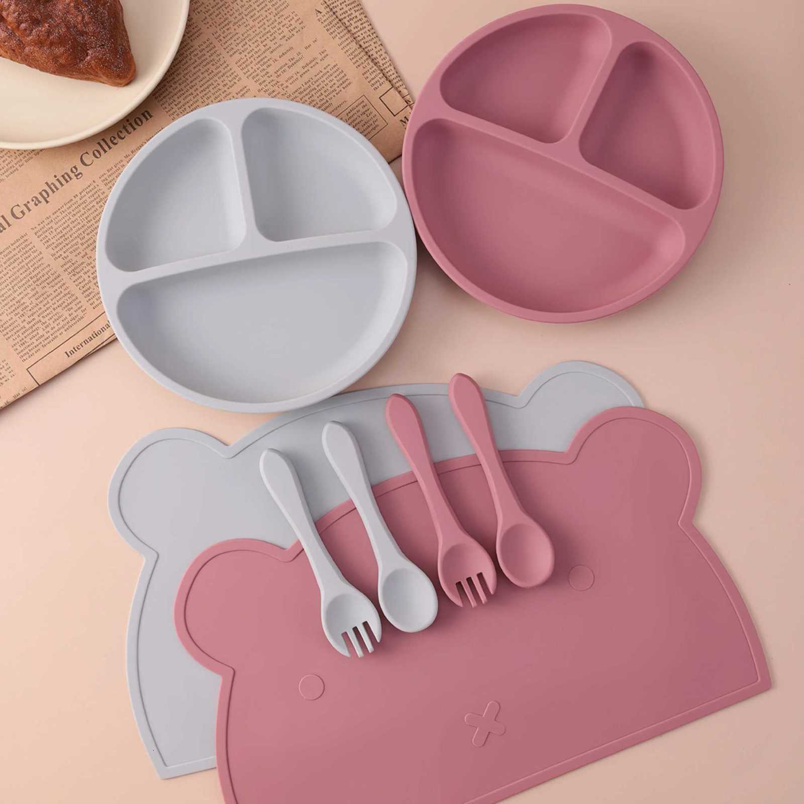 Color Kids Silicone Sucker Dishes Plate Spoon Fork Set Dinner Set Feeding Placemat For Toddler Meals Tableware Babies Items X250806