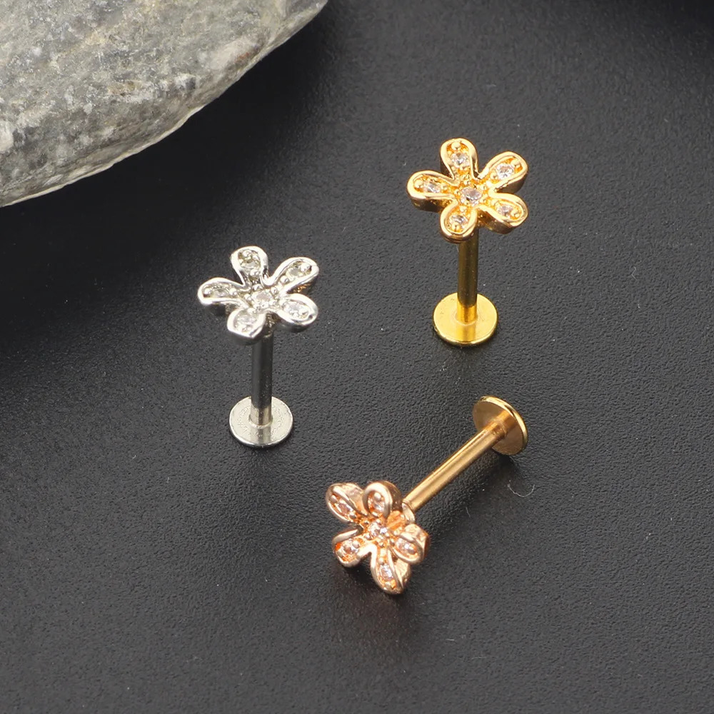 Crystal Flower Tragus Piercing Earring Flat 16G Cross Cartilage Piercing Stud Helix Jewelry Conch Rook Lobe Earring Labret Stud 250805