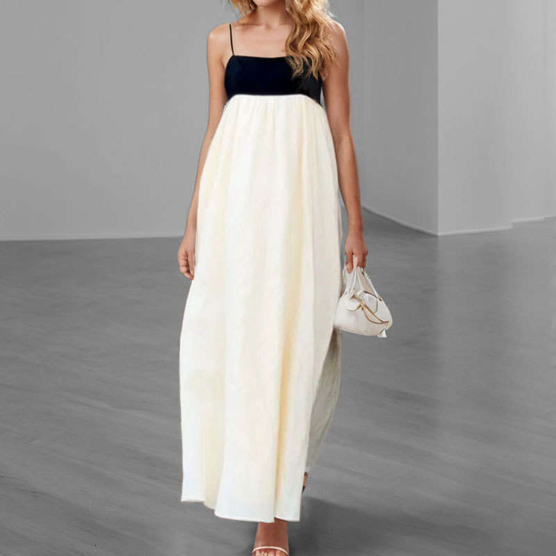 Spring New Women's Fashion Elegant Black And White Contrast Long Sexy Backless Strap Dress B5
