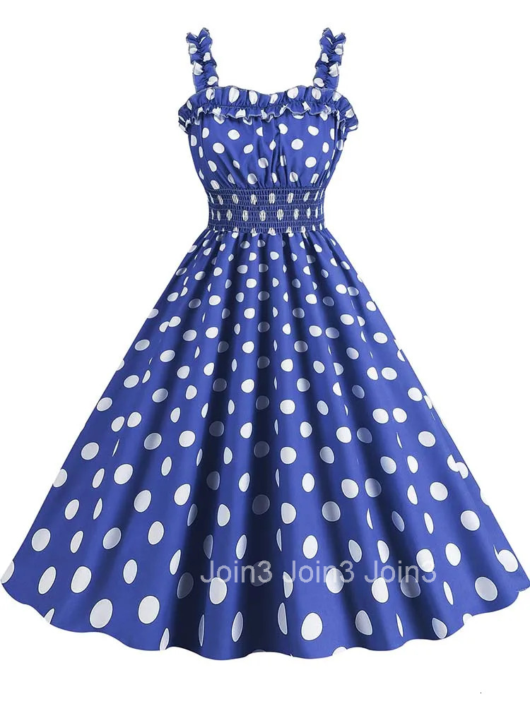 Spaghetti Strap Vintage Women Summer Dresses Casual Ruched Pink Dot Print A Line 50s Elegant Evening Party Midi Dress