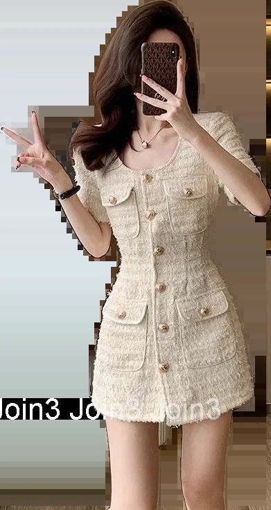 Tweed Vestidos Single Breasted A-line Dress Women Elegant Sweet Waisted Slim Pocket Dress Summer Celebrity Banquet Chic Clothing