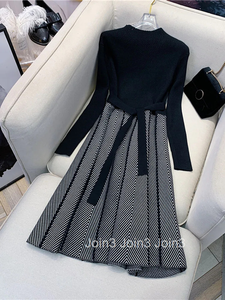Women Elegant Knitwear Knee Length Vestidos Korean Stripe Knitted Midi Dresses With Belt Spring Fall Slim Long Sleeve Elbise New