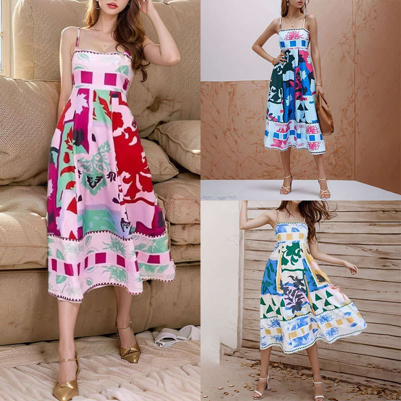 Spring Women's Fashion Strapless Printed Graffiti Sexy Flared Dress B5