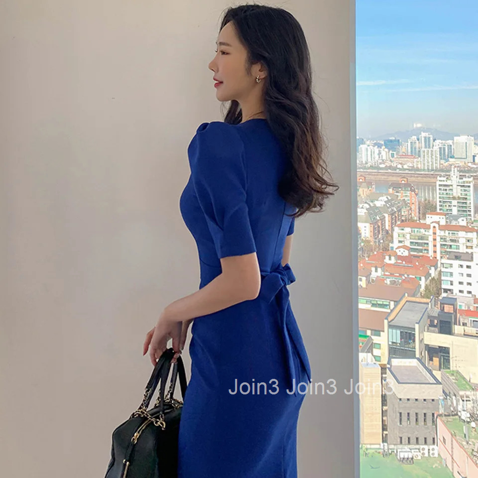 Blue Office Lady Dress Spring High Waist Pencil Fashion Simple Puff SleeveTemperament Women Elegant Party Dress Women