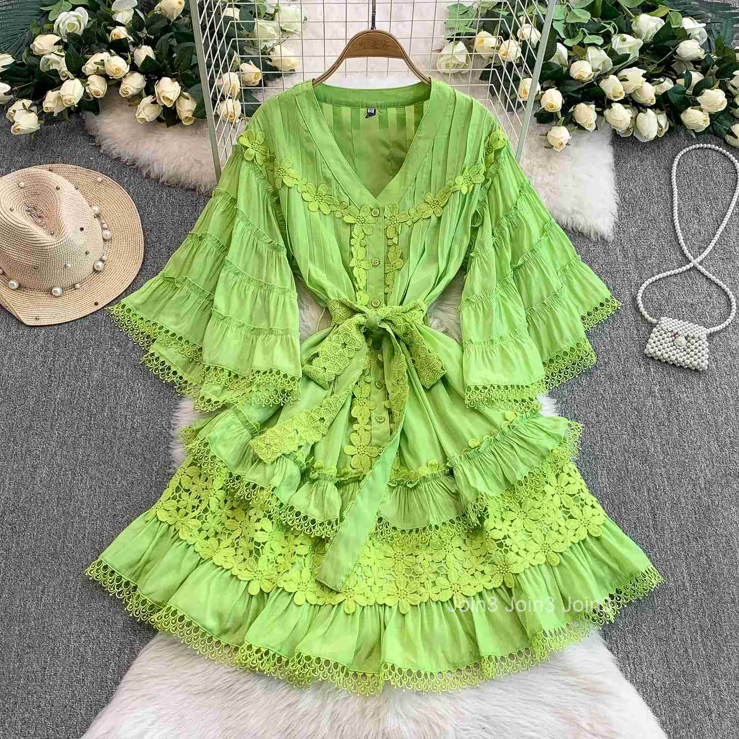 Vintage sexy short sleeve V-neck Spliced Dress Chic Summer Beach fairycore Vestidos Vacation women clothing
