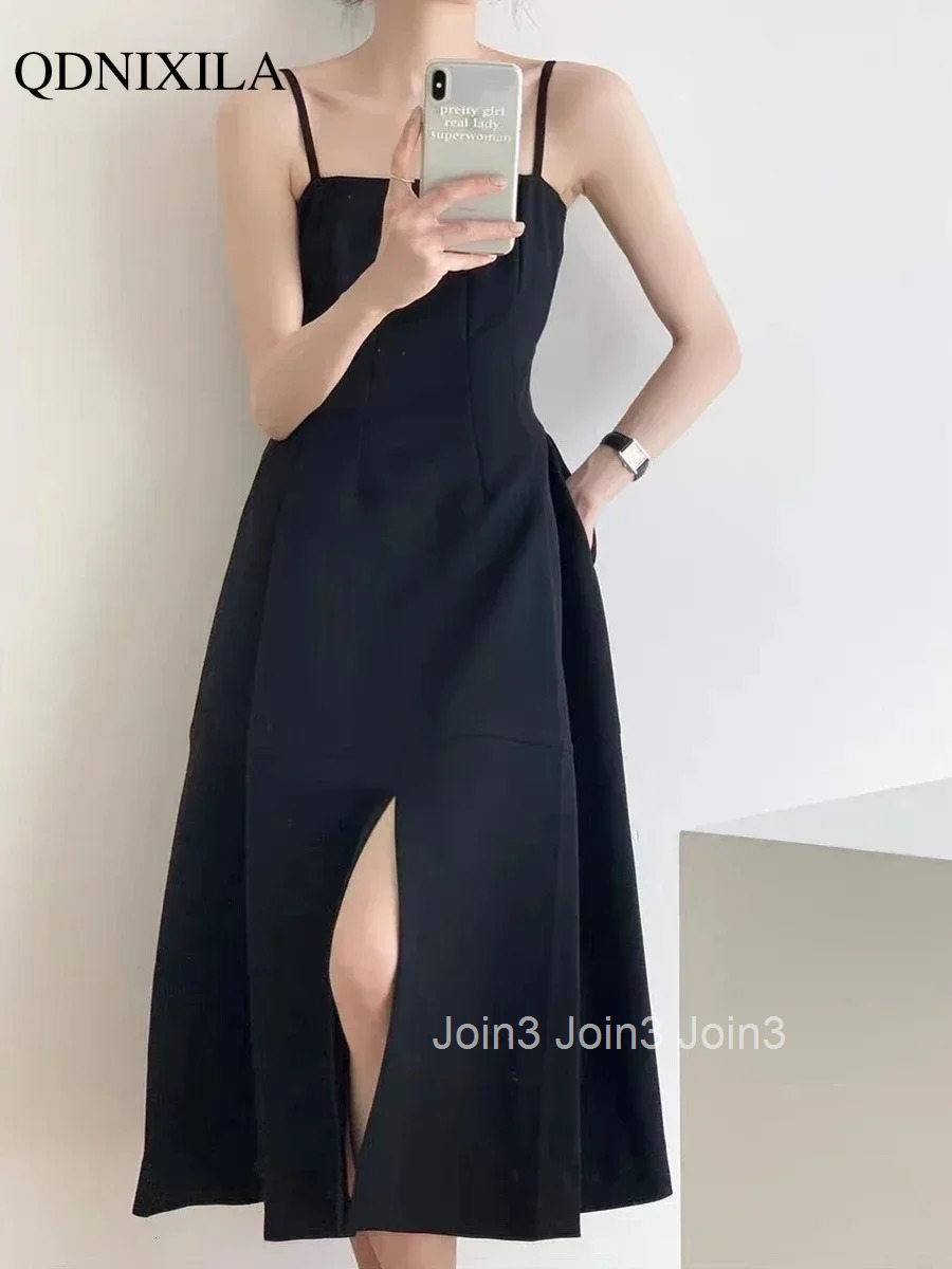 Elegant French Black Spaghetti Strap Dress Audrey Hepburn Style High Waist Slit Midi Dress for Women Sexy Summer Party Outfit