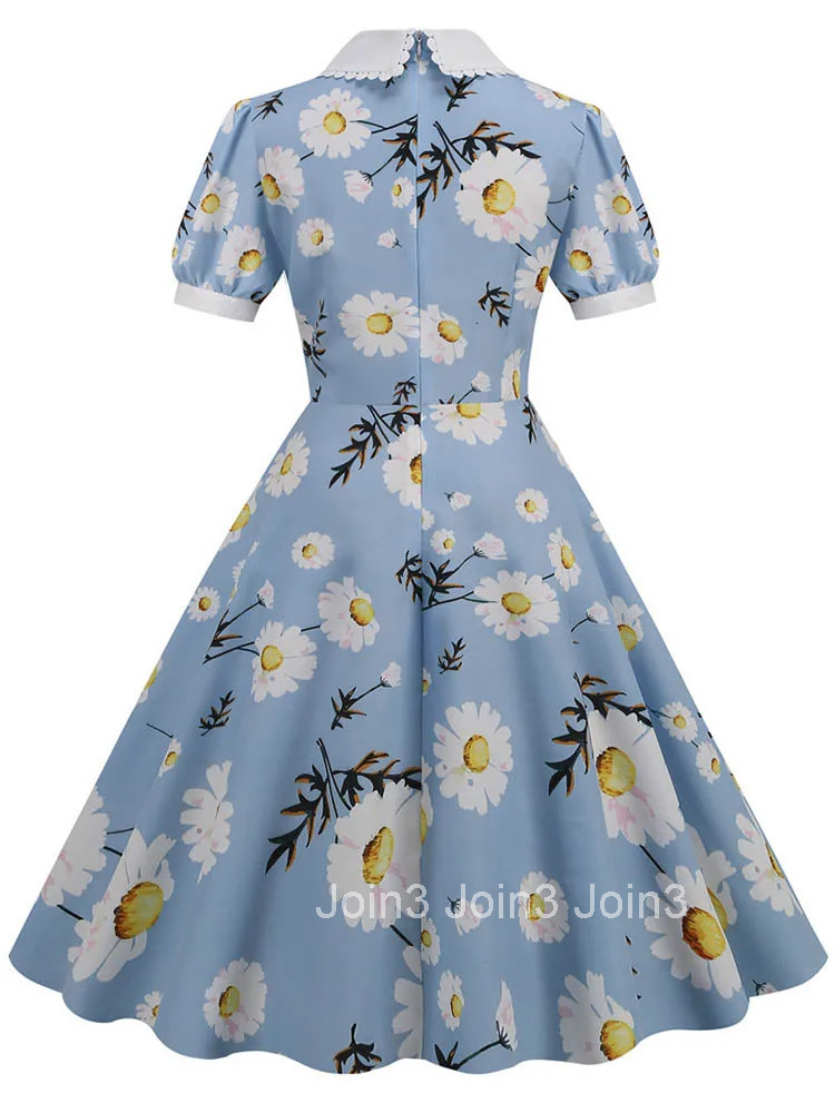 Floral Printed Summer Dress for Women Peter Pan Collar Elegant Vintage Midi Sundress Casual Party Dress with Puff Short Sleeves