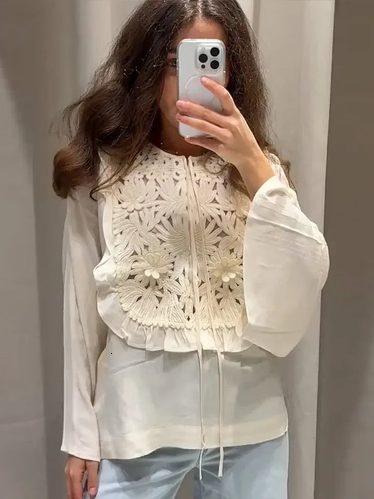 Chic Flared Sleeves O Neck Loose Lace Up Shirt Mini Skirts Elegant Floral Embroidered Skirt Set for Women Summer Lady 2 Pcs Suit 250804