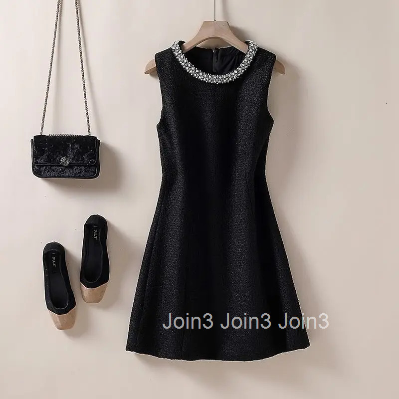 Women French Style Stylish Beaded Luxury Chic Zipper Tweed Dress Vintage Elegant Sleeveless Slim Fit Party Midi Dresses Vestidos