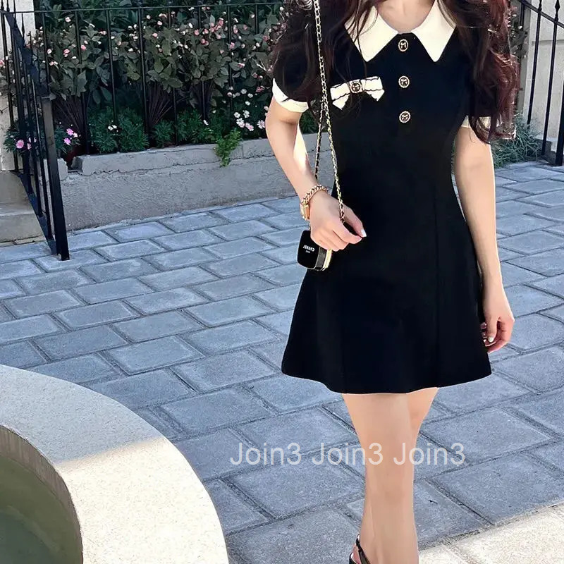 Sweet Japanese Style Small Fragrance Summer New Dresses Women Polo Collar Patchwork Button Bow Short Sleeves Slim Midi Dress