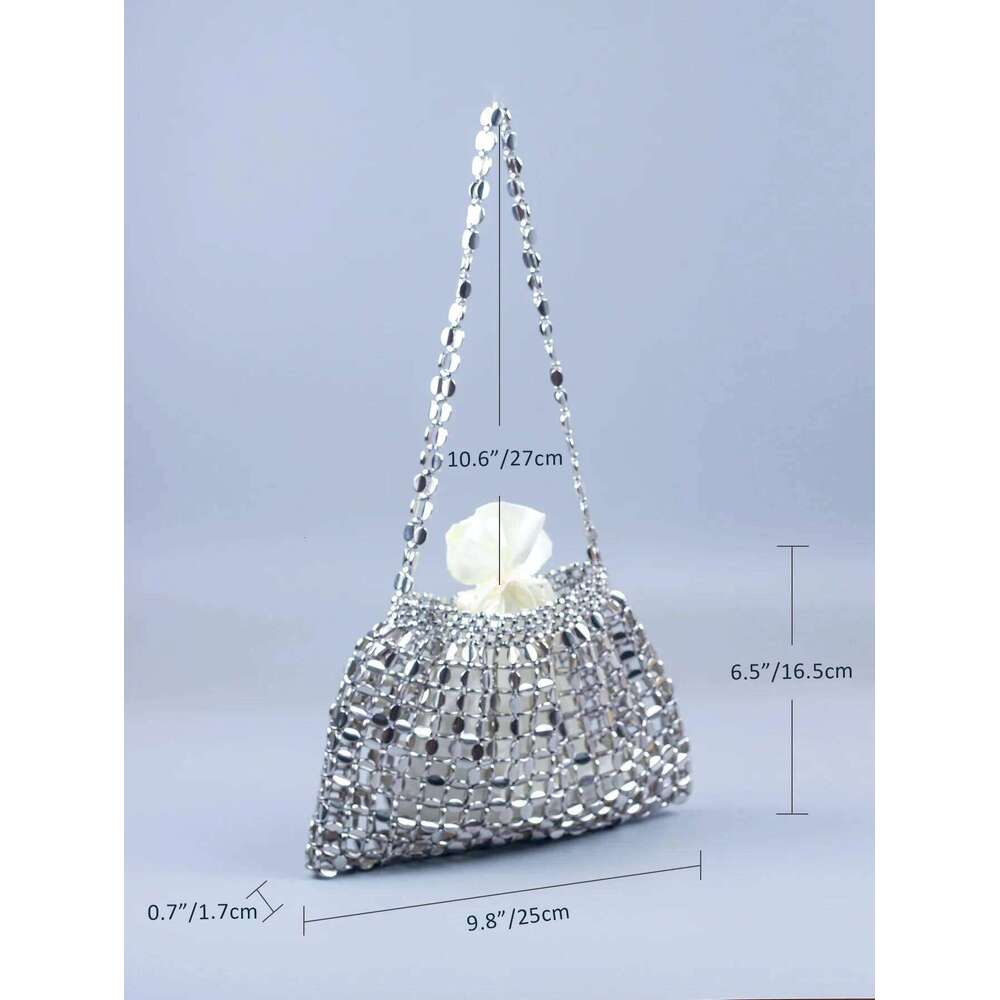 Handmade sier gold flat bead woven large-sized dumpgs fashionable and trendy one shoulder portable beaded bag 240822