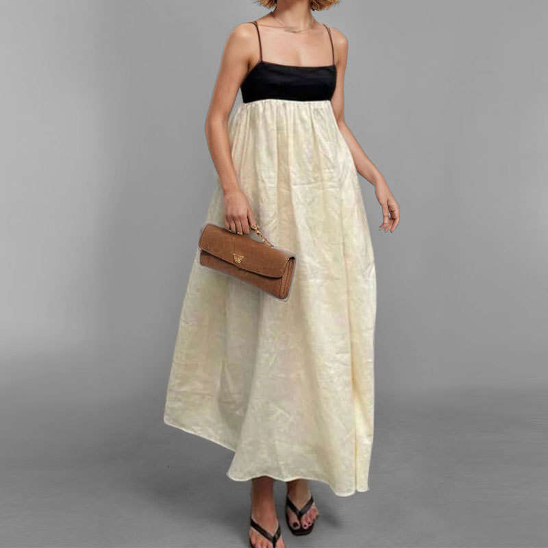 Spring New Women's Fashion Elegant Black And White Contrast Long Sexy Backless Strap Dress B5