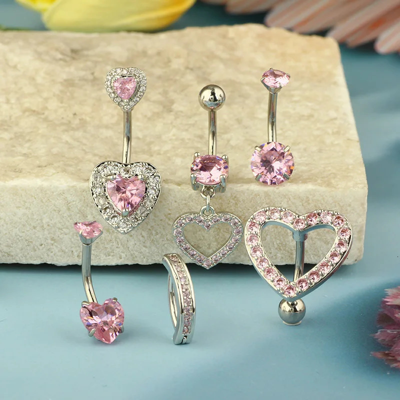 1PCS Pink Crown Belly Button Rings Jewelry Stainless Steel Heart Navel Piercing Barbell Crystal Cute Belly Rings For Women Girls 250805