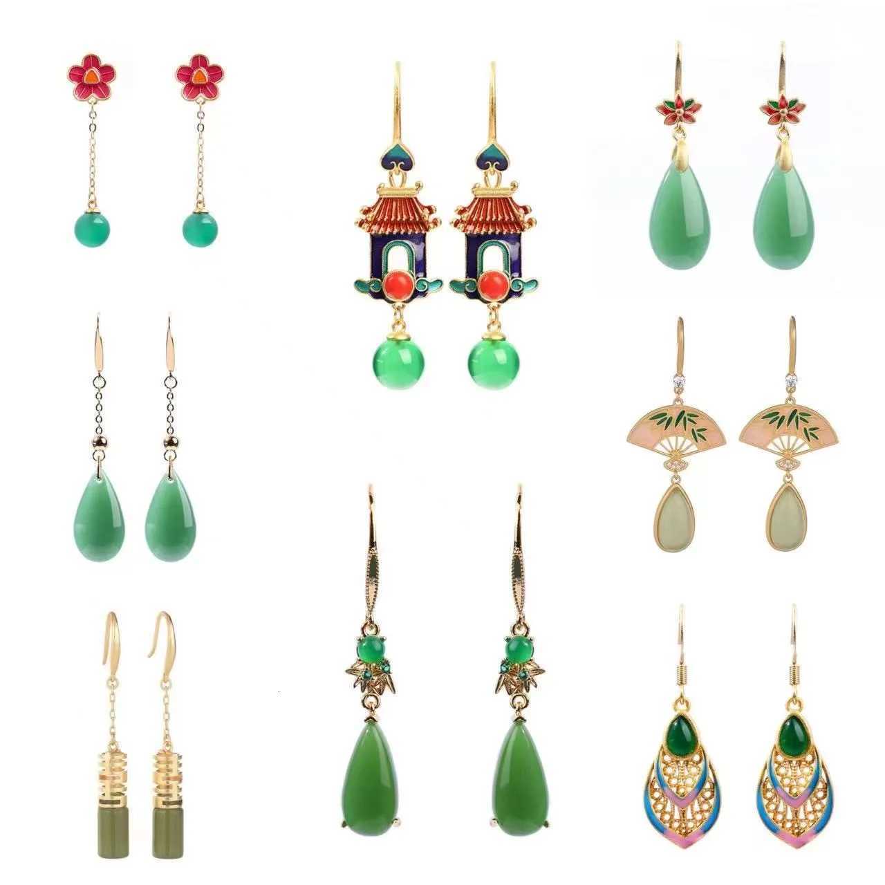 Ethnic Chinese Green Jade Earrings for Women Painted Enamel Hollow Design Luxury Jewelry Water Drop Shaped Pendant Retro Gifts Y250805