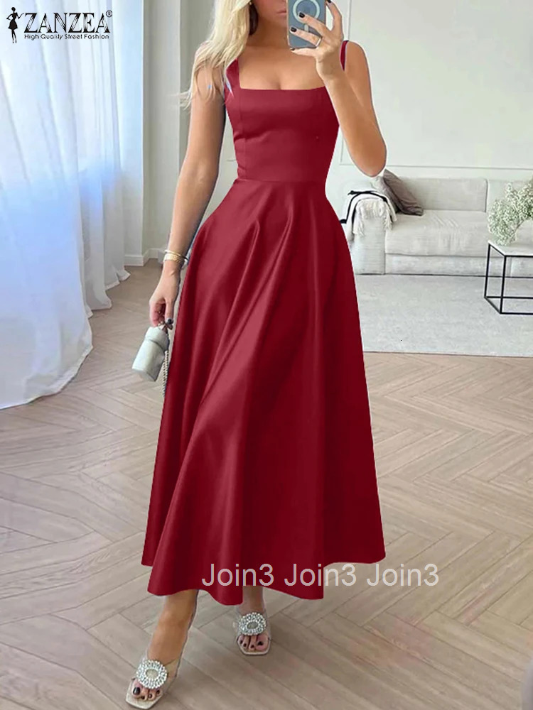 Women Satin Silk Summer Robe Fashion Elegant Party Dress Square Neck Maxi Dress Solid Color Sexy Waisted Umbrella Vestido