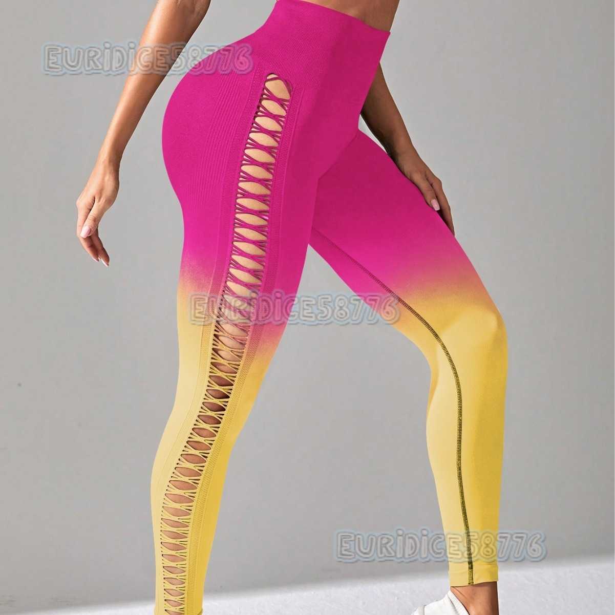 Seamless Gradient Side Hollow Tie-dye Yoga Pants Peach Hip Outdoor High-waist Sports Fitness Long Pants for Women H250806