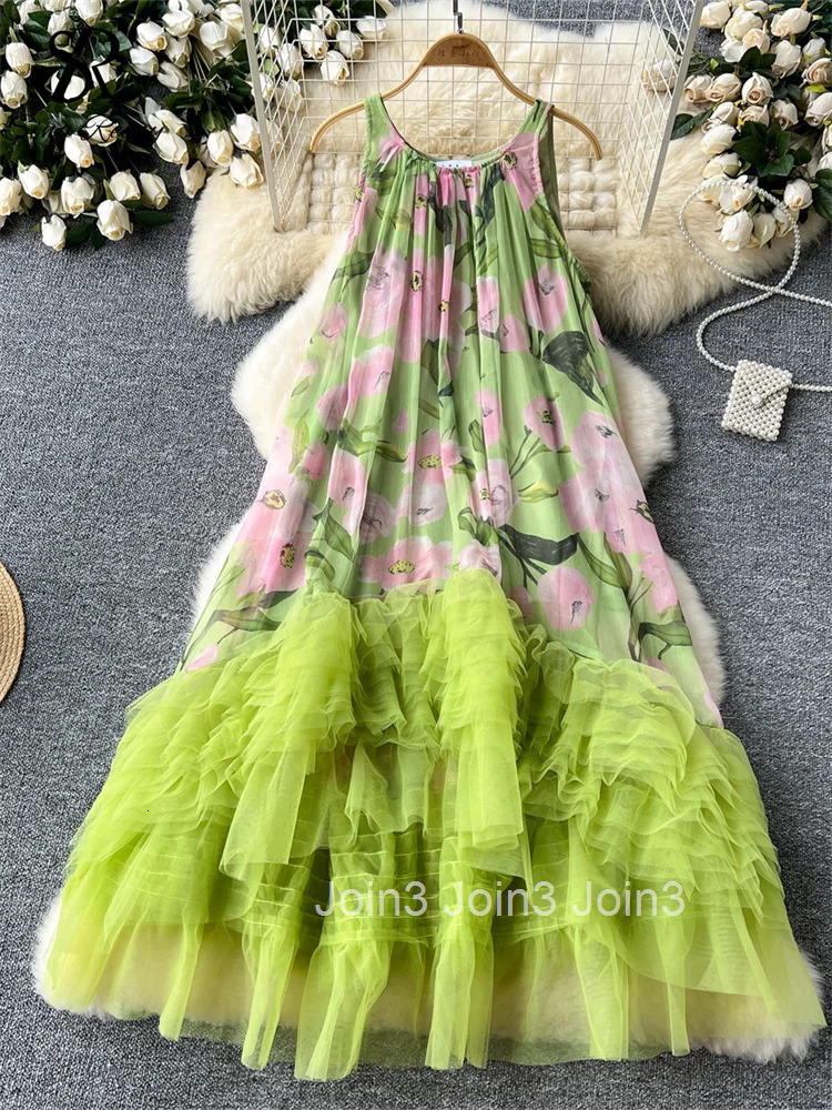 French Vintage Print Dress Women O-Neck Spaghetti Strap Mesh Splice Irregular Ruffles Beach Fashion Ball Gown Dresses