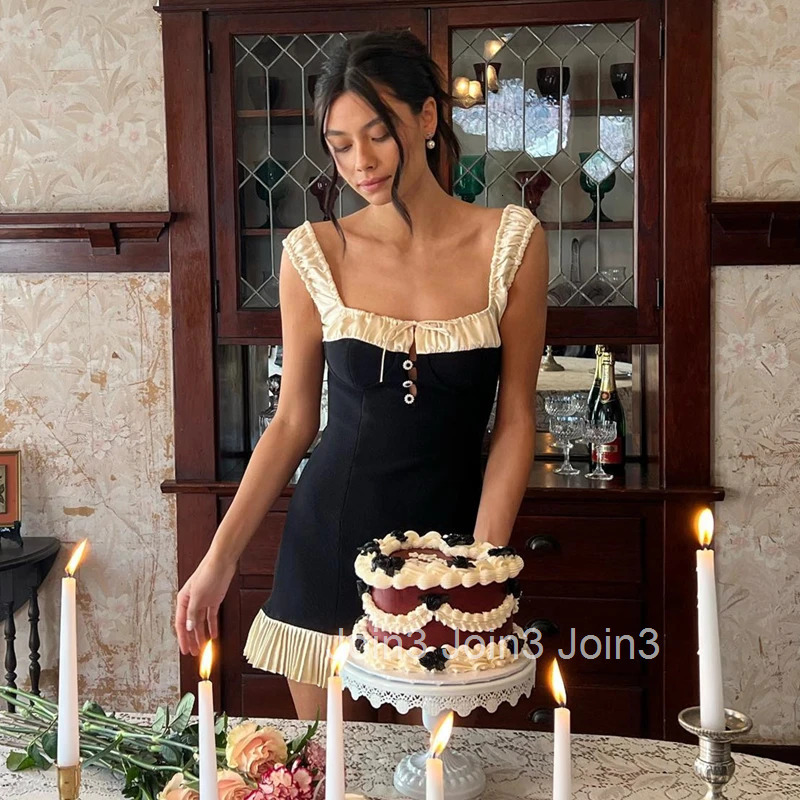 WhereMery Vintage Square-neck Stitch Prom Dress Y2K Sexy Spaghetti Strap Pleated Mini Dresses Summer Womens Sleeveless Vestidos