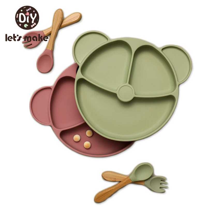 1 Set Baby Silicone Plate Cartoon Bear Shape BPA Free Baby Tableware Spoon Anti-Hot Training Plate Kids Feeding Bowl X250806