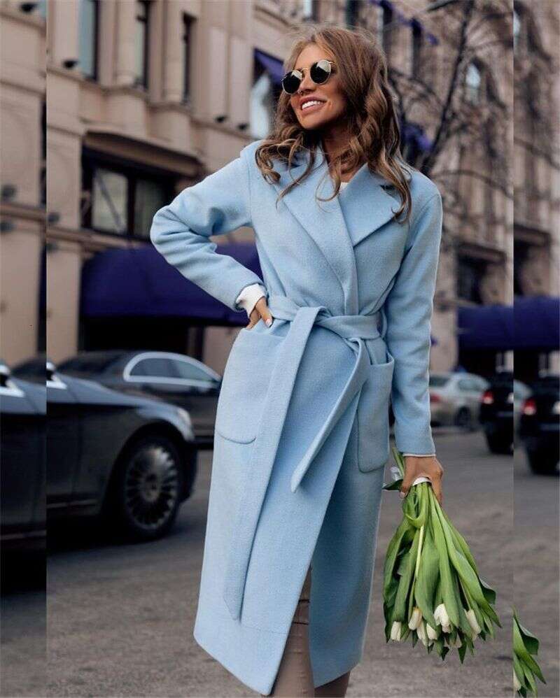 Women's Fashion New Lapel Long-Sleeved Lace-Up Solid Color Woolen Long Coat For Women