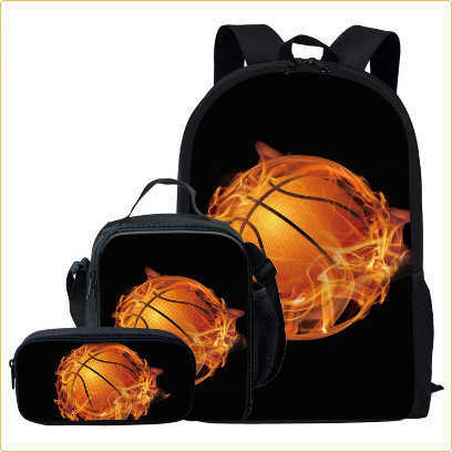 Back-to-school Season Three-piece Set: Backpack, Pencil Case, Lunch Bag, Street Style Basketball and Football Pattern Double Shoulder Backpack Set 250