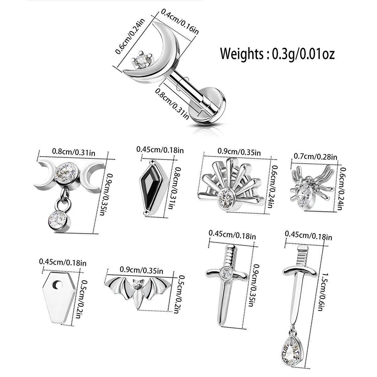 1pc Stainless Steel Rhinestone Lip Stud Crescent Pendant Cross Spider Fan Cartilage flat back Ear Stud Tragus Piercing Earrings 250805