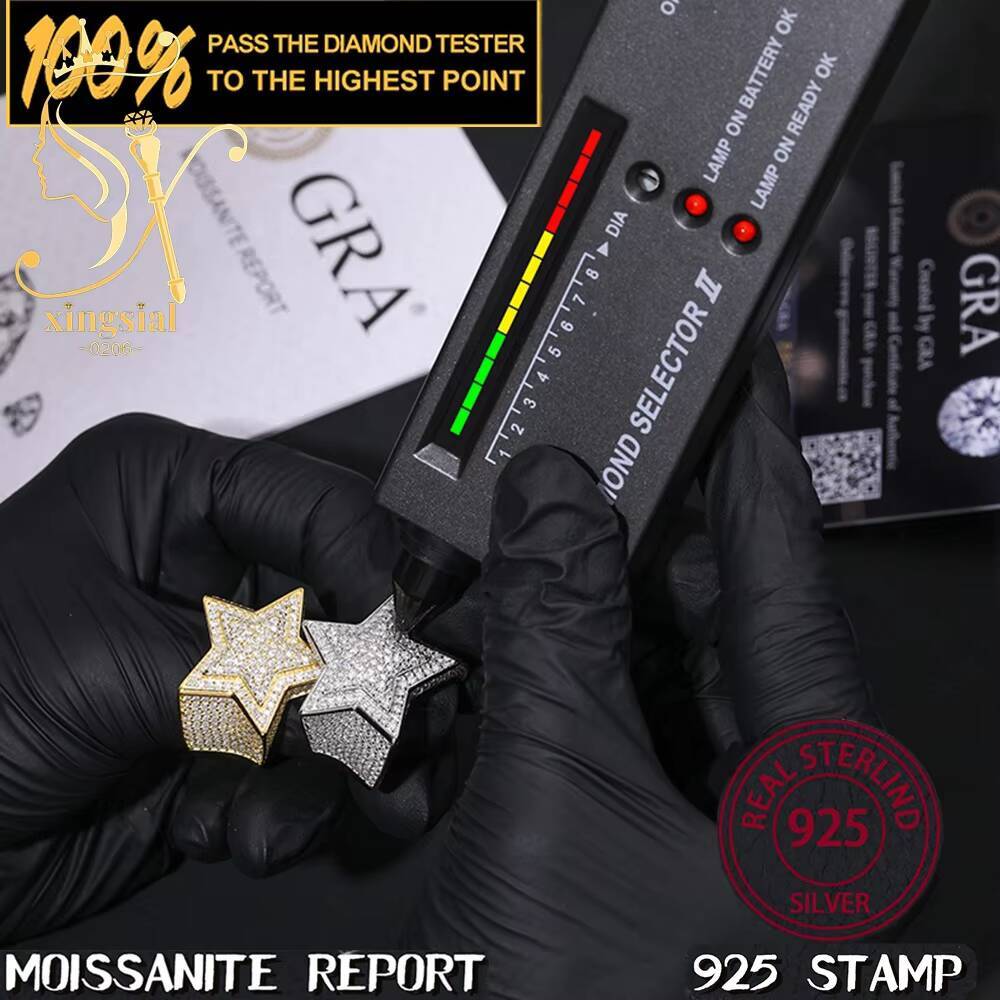 Xingsial Custom GRA Certificate Hip Hop Jewelry Star Ring 18K Gold Plated VVS Diamond Iced Out 925 Silver Moissanite Men Ring