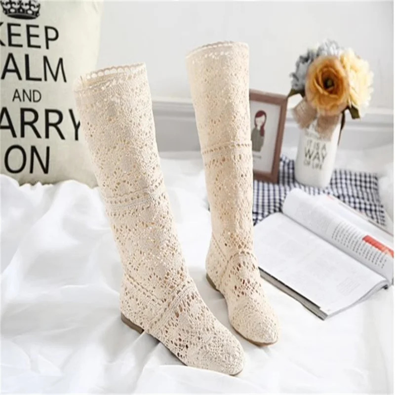 Womens spring high boots wool hollow fashion summer white lace ladies flat casual shoes 250801