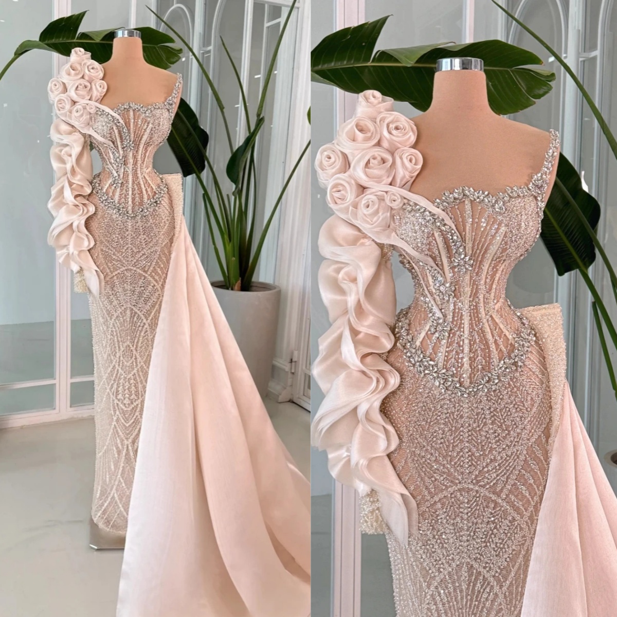 Simple One Shoulder Celebrity Evening Dresses Customized Crystal Sequined lace Prom Dresses Floor Length Party Formal Gowns