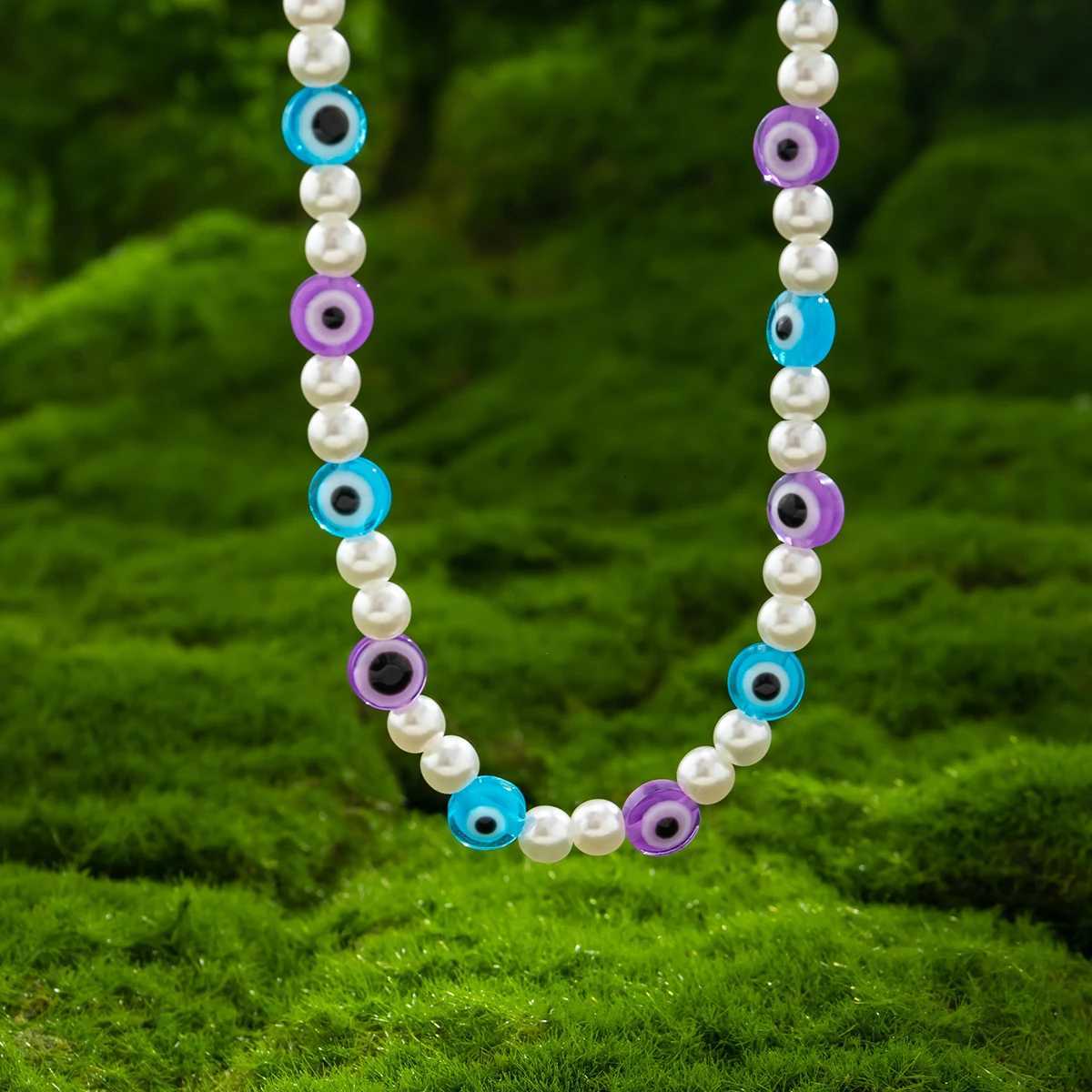 KUNJOE Bohemian Colorful Evil Eyes Beaded Chokers Necklaces for Men Women Ounk Imitation Pearl Clavicle Chain Necklace Y2K Y250805