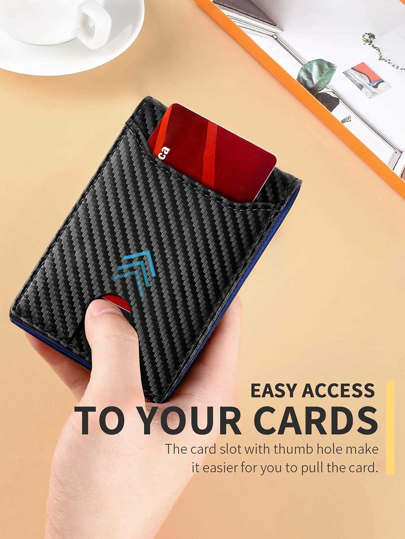 Mens Ultra-Thin RFID Double Fold Wallet Minimalism Carbon Fiber Pattern Ultra-Thin Card Holder Fashionable Wallet with ID Window XJ250806