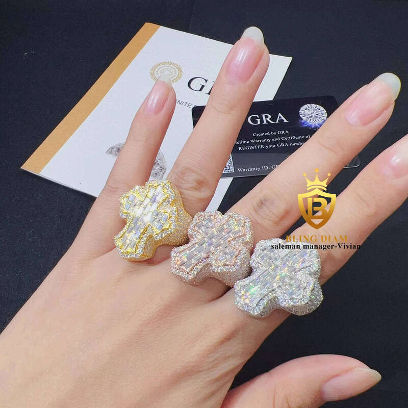 Wholesale Price Factory Direct Sale Fine Hip Hop Jewelry Gold Plated Sier Moissanite Cross Ring