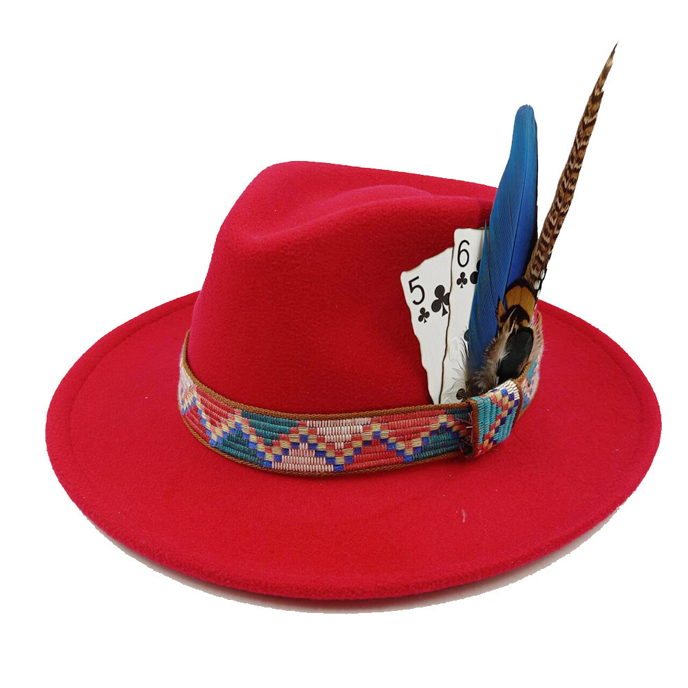 Feather Fedoras Hat Mens and Womens Black Felt Wide Brim Jazz Hat Gentlemens Hat Plum Blossom 8 Poker Card n Fedora Hat 240919