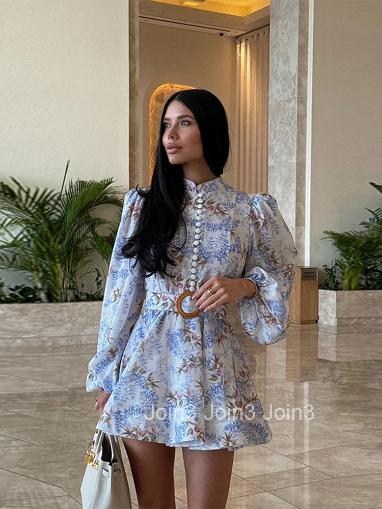 Elegant Printed Short Dress Women With Belt Single Breasted O-neck Long Sleeve A-line Dresses Fashion Party Vestidos Lady