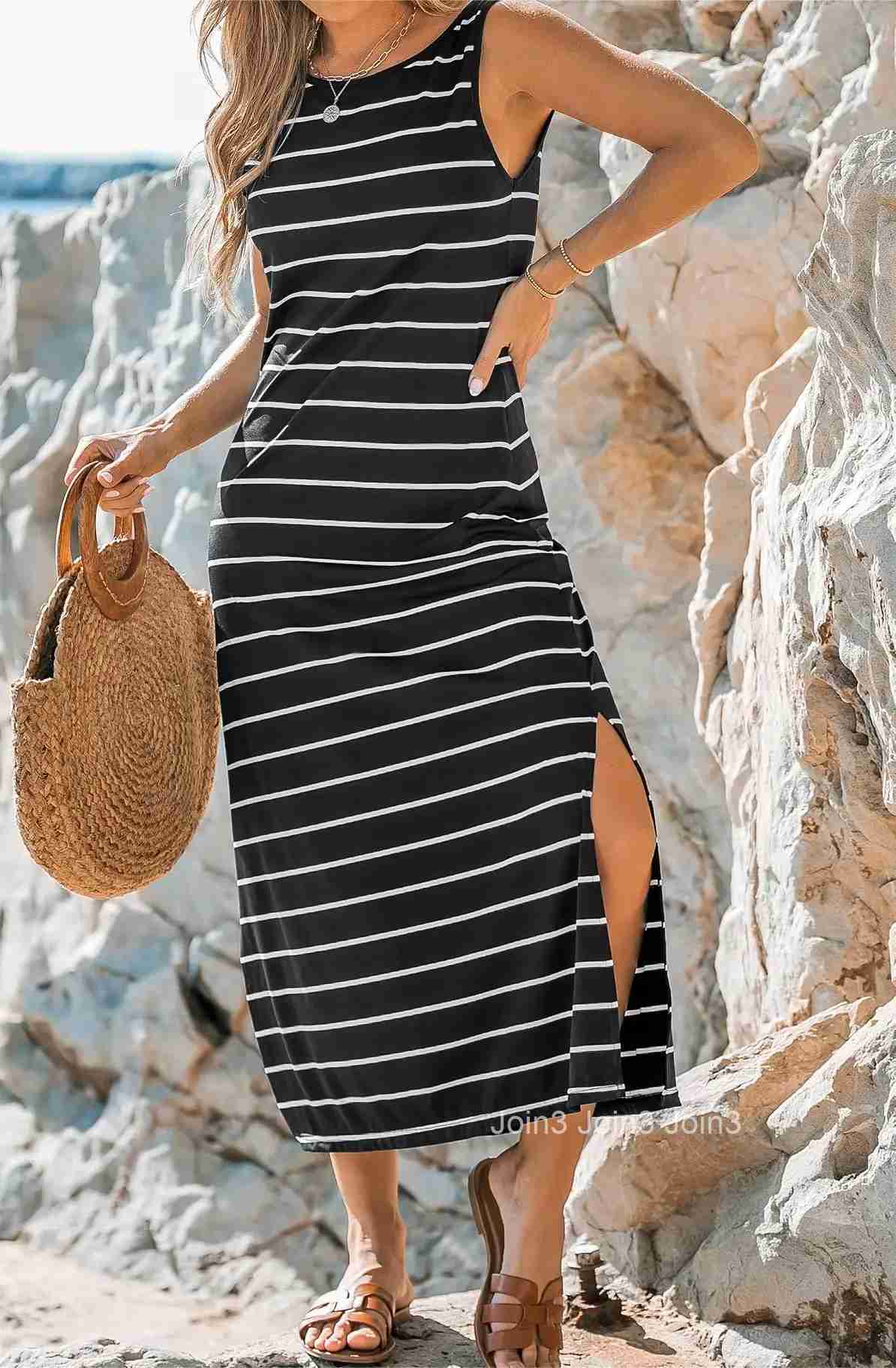 Elegant Black and White Striped Side Slit Vacation Dress