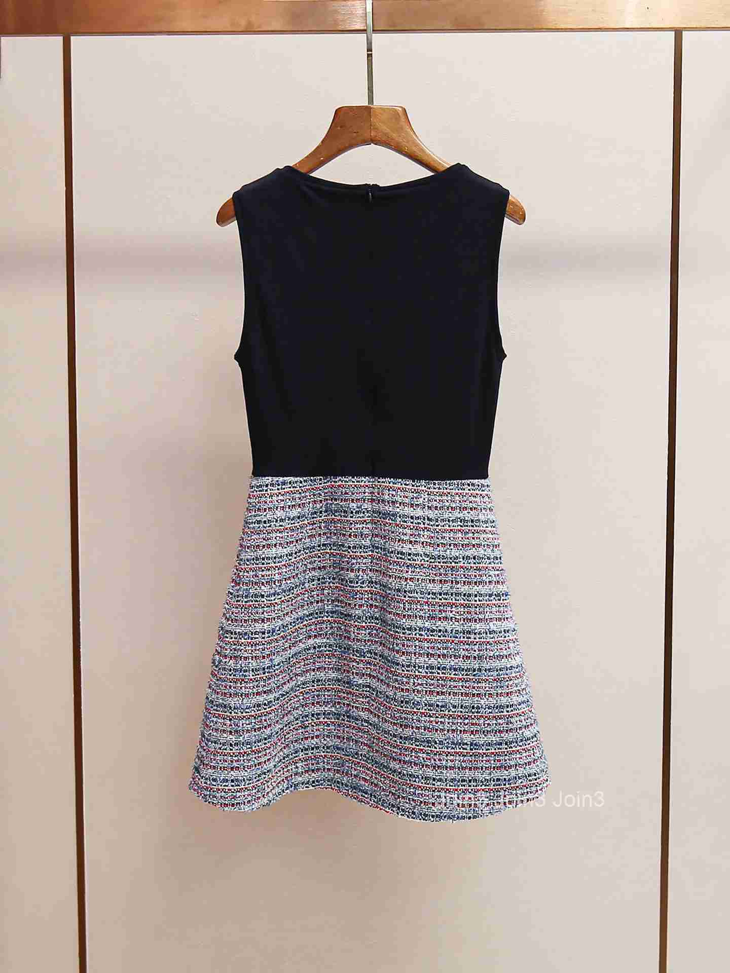 Vintage Tweed Womens Two-Piece Set Dress Round Neck Single Breasted Sleeveless Vest Top or Patchwork A-Line Short Robe