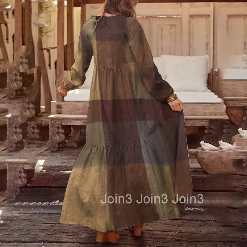 Elegant Losse Maxi Shirt Dress For Women Autumn Long Sleeve V Neck Vintage Plaid Print Long Dresses Ladies Dress Fashion Robe