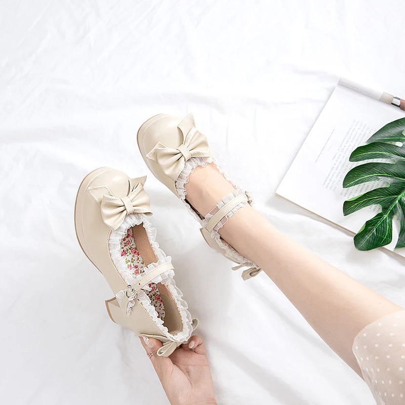 Girls Sweet Lolita Ruffles Bowknot Lace Bridal Wedding Shoes Women High Heel Bordered Princess Dress Men Pink Plus Size 33-48 250731