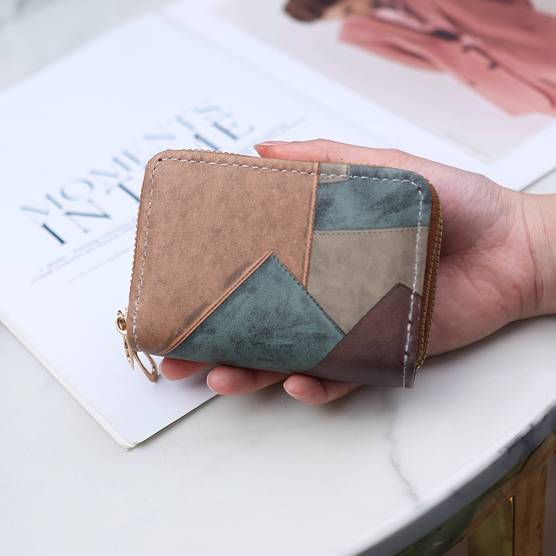 New Double Zipper Accordion Card Holder Color Block Multifunctional Short Wallet Multi-Card Slot Coin Purse