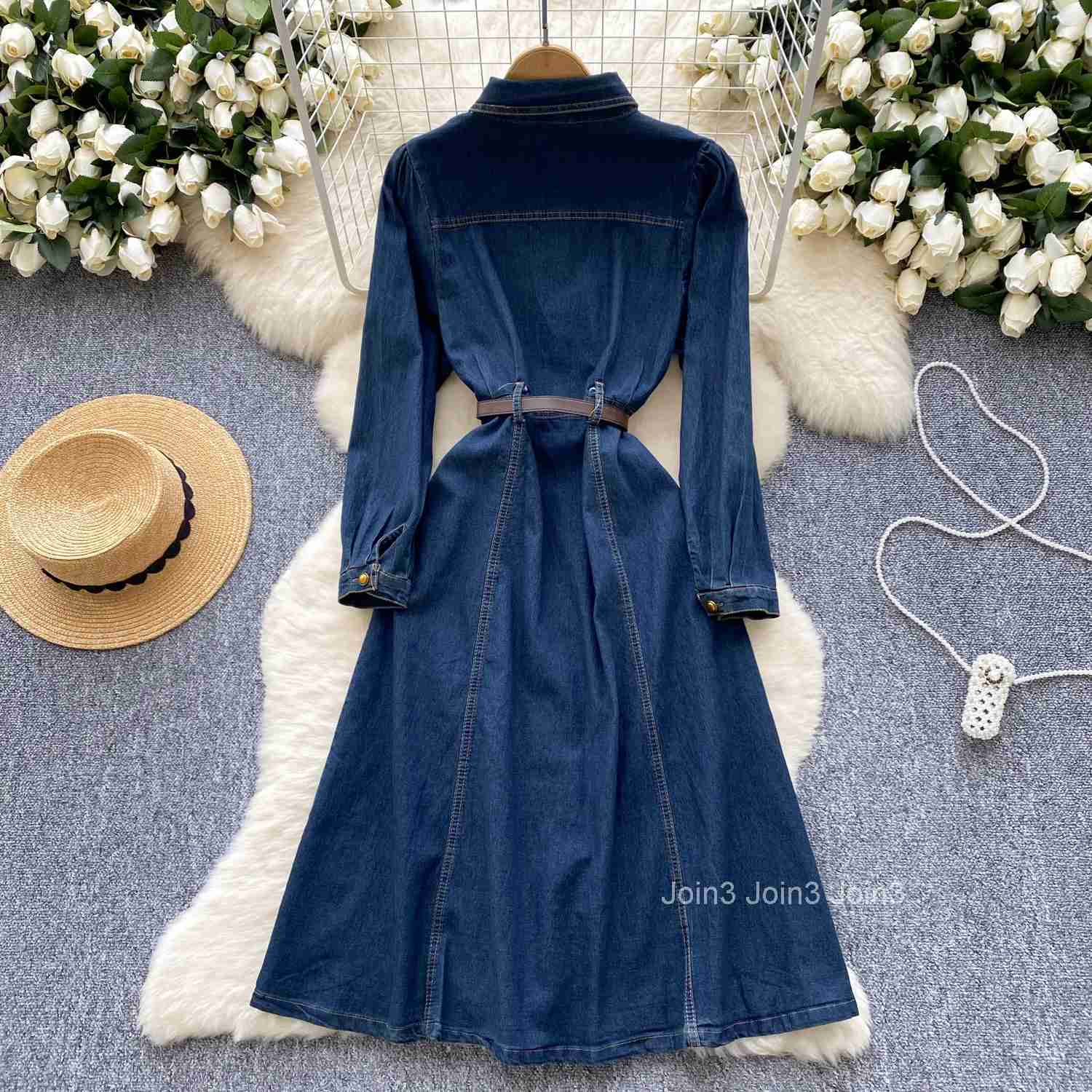 Elegant Polo-neck Vintage Long Sleeve Chic Single Breasted Slim Sashes Cowboy Dresses Korean Office High Street Autumn Clothing
