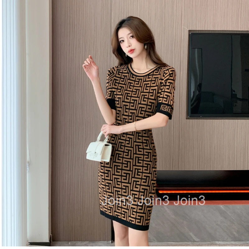 YUQI Sexy Elegant Midi Dress for Women Jacquard Summer Short Sleeve Patchwork Office Ladies Knitted Slim Dresses Plaid Vestido