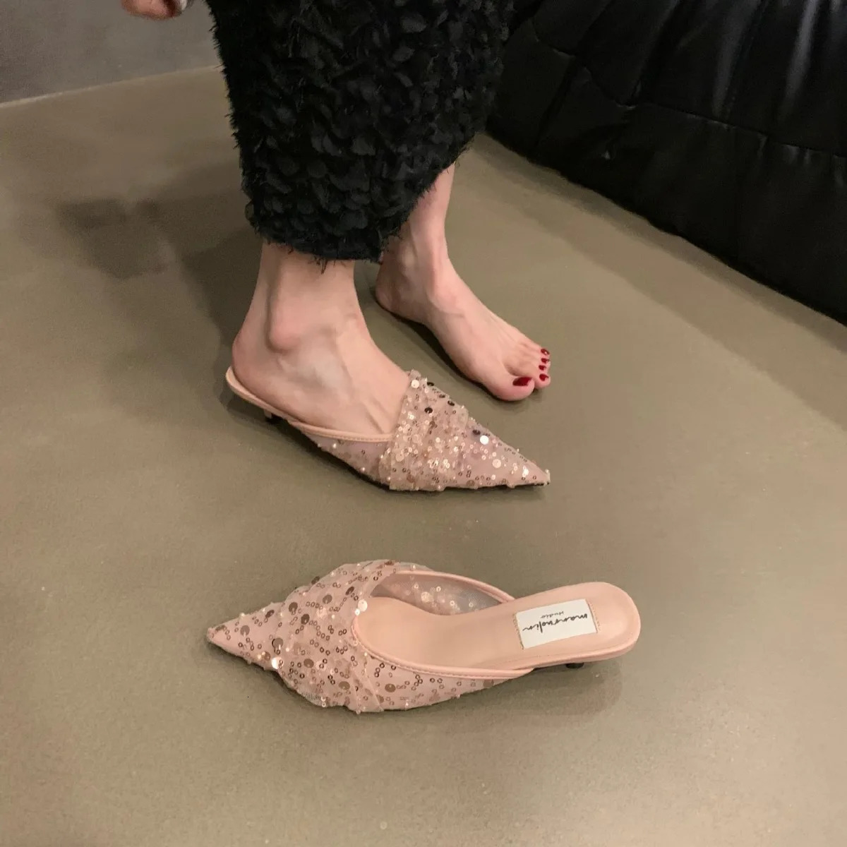 Small fragrant wind high heel half slippers springsummer vintage high heels Gentle single shoe sequined shoes 250731