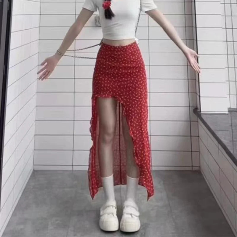 Ruffled Floral Skirt for Women Summer Mid Long High Waist Skirt Red Irregular Sexy Split Skirt Fashion Beachwear Y2k Clothing 250806