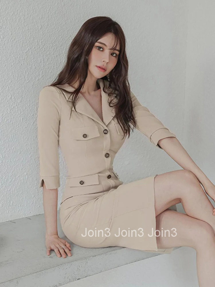 Womens Clothes Formal Dresses Lapel Single Breasted Midi Dress Elegant Professional Business Vestidos Work Style Robe Spring