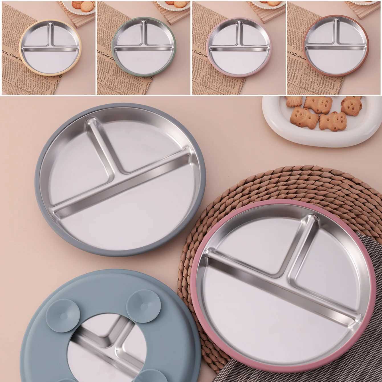 1PCS Color Kids Stainless Steel Plate Detachable Suction Dishes Baby Feeding Sucker Bowl Food Grade Silicone Food Tray Tableware X250806