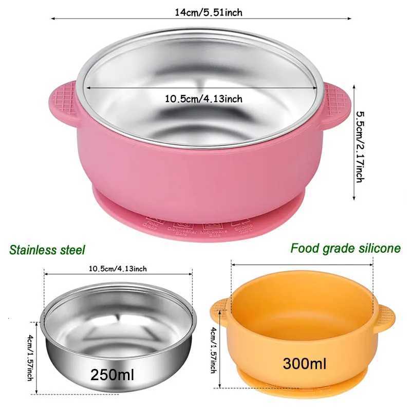 Silicone Sucker Bowl With Detachable Stainless Steel Bowl Baby Feeding Tableware for Infants and Baby Learning To Eat Baby Supplies X250806