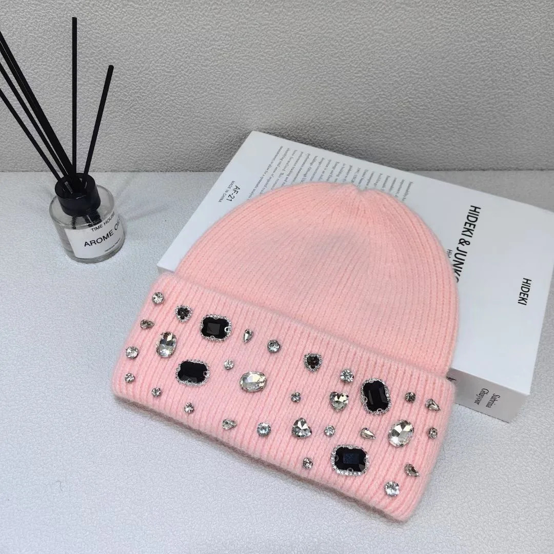 Winter lady warm thick beanie cap 7colors fashion rhineston solid casual Knitted hat women Angora wool cap windproof Versatile 250730