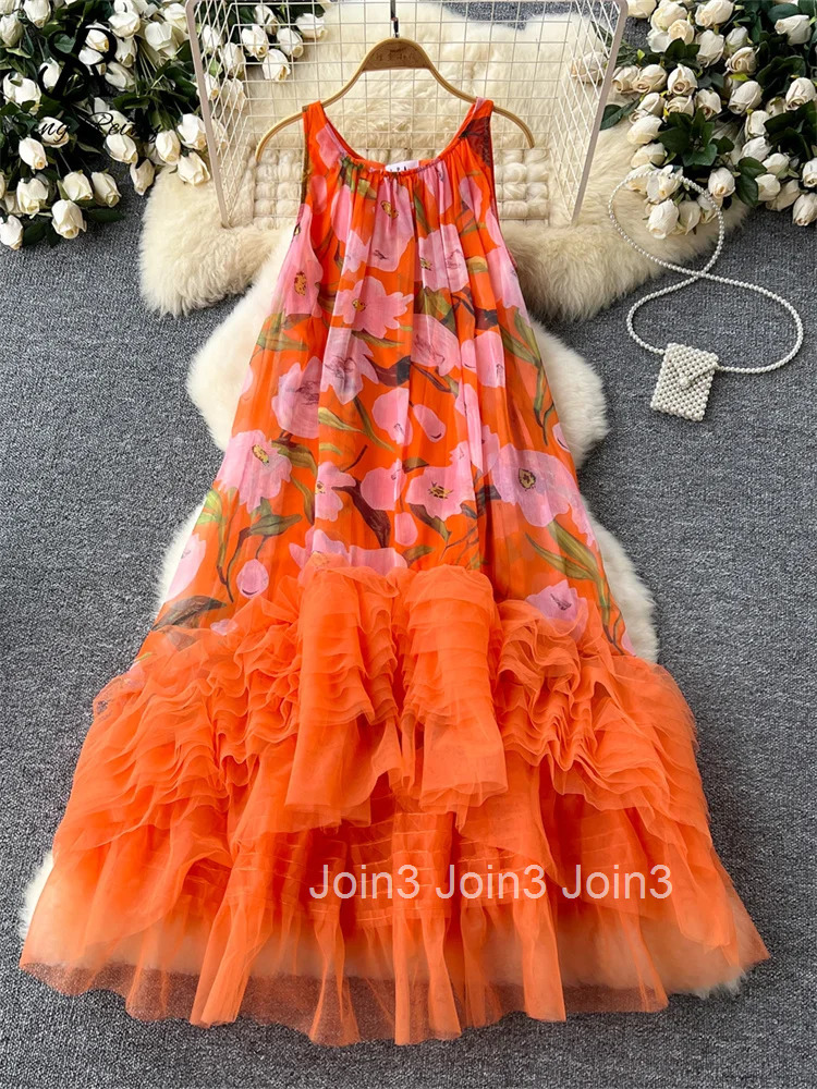 French Vintage Print Dress Women O-Neck Spaghetti Strap Mesh Splice Irregular Ruffles Beach Fashion Ball Gown Dresses